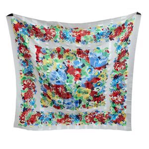 Vintage 80s Womens Square Large Scarf White Floral Sheer Boho Retro Grannycore